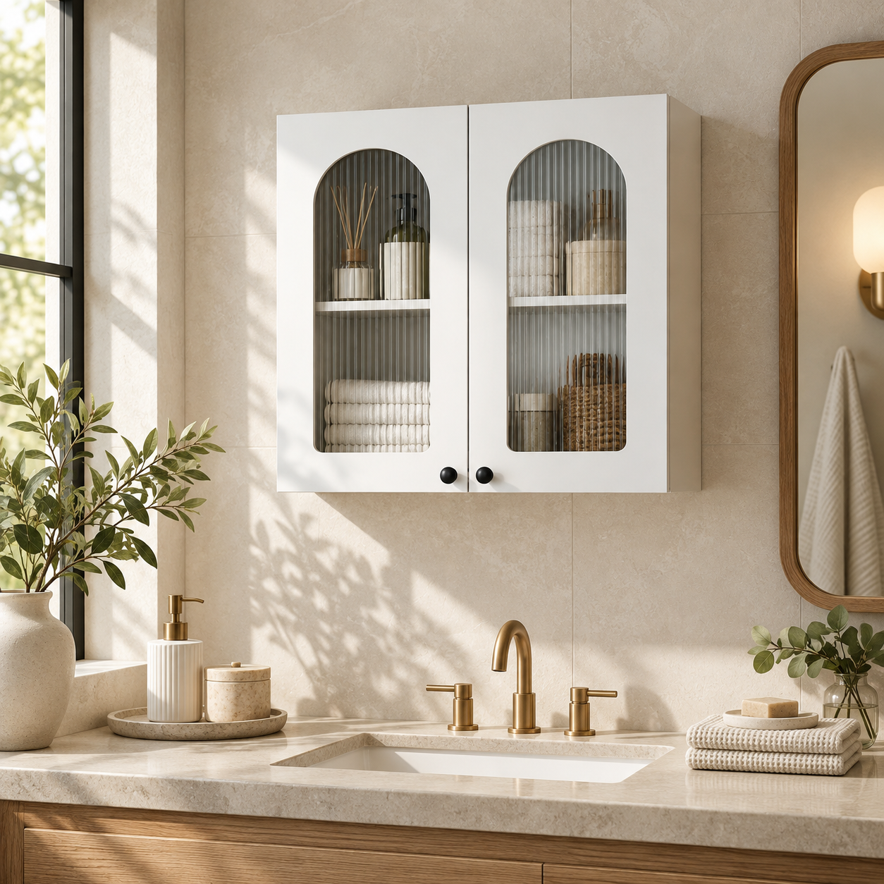 Arched glass wall cabinet — lifestyle view