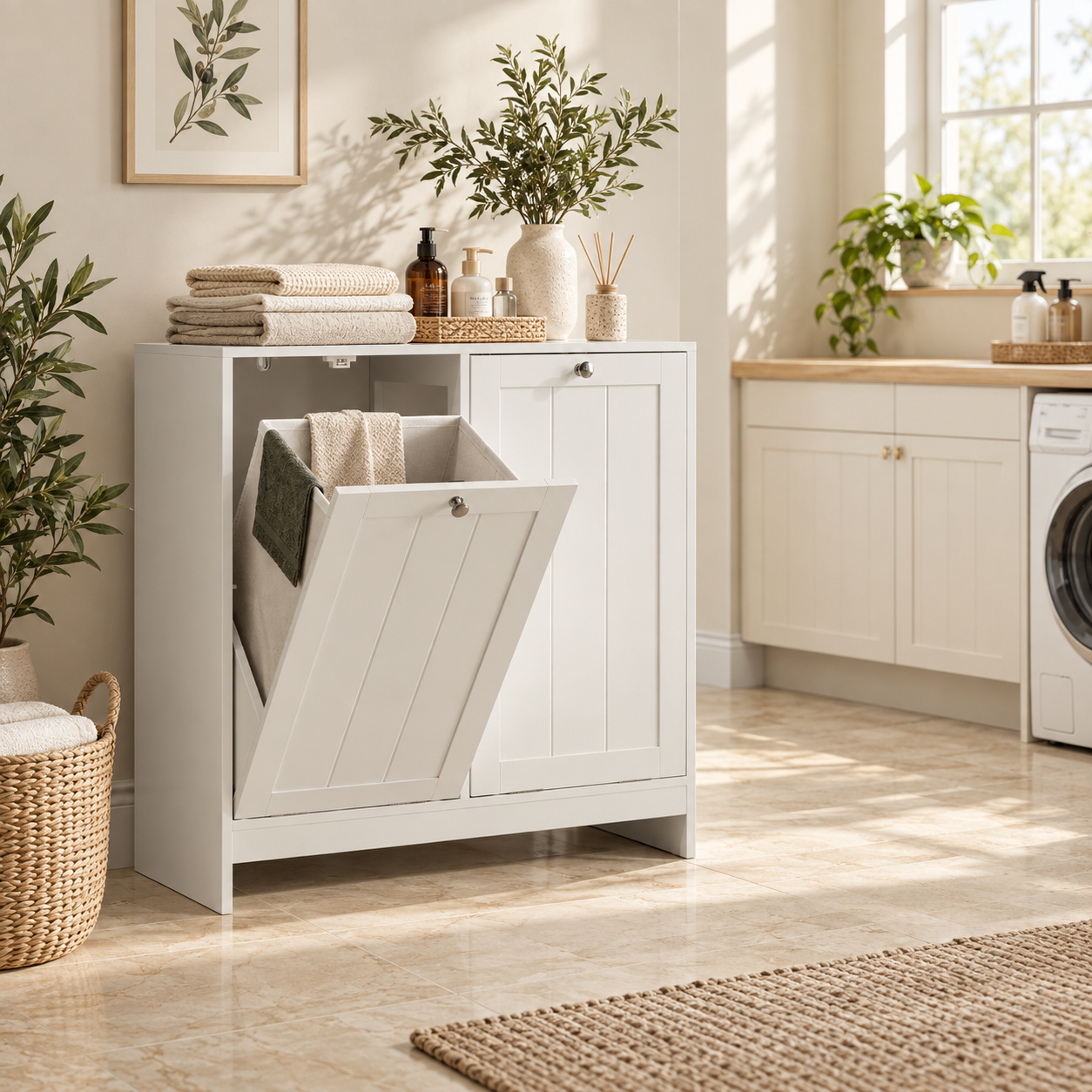 Concealed tilt-out laundry cabinet — lifestyle view