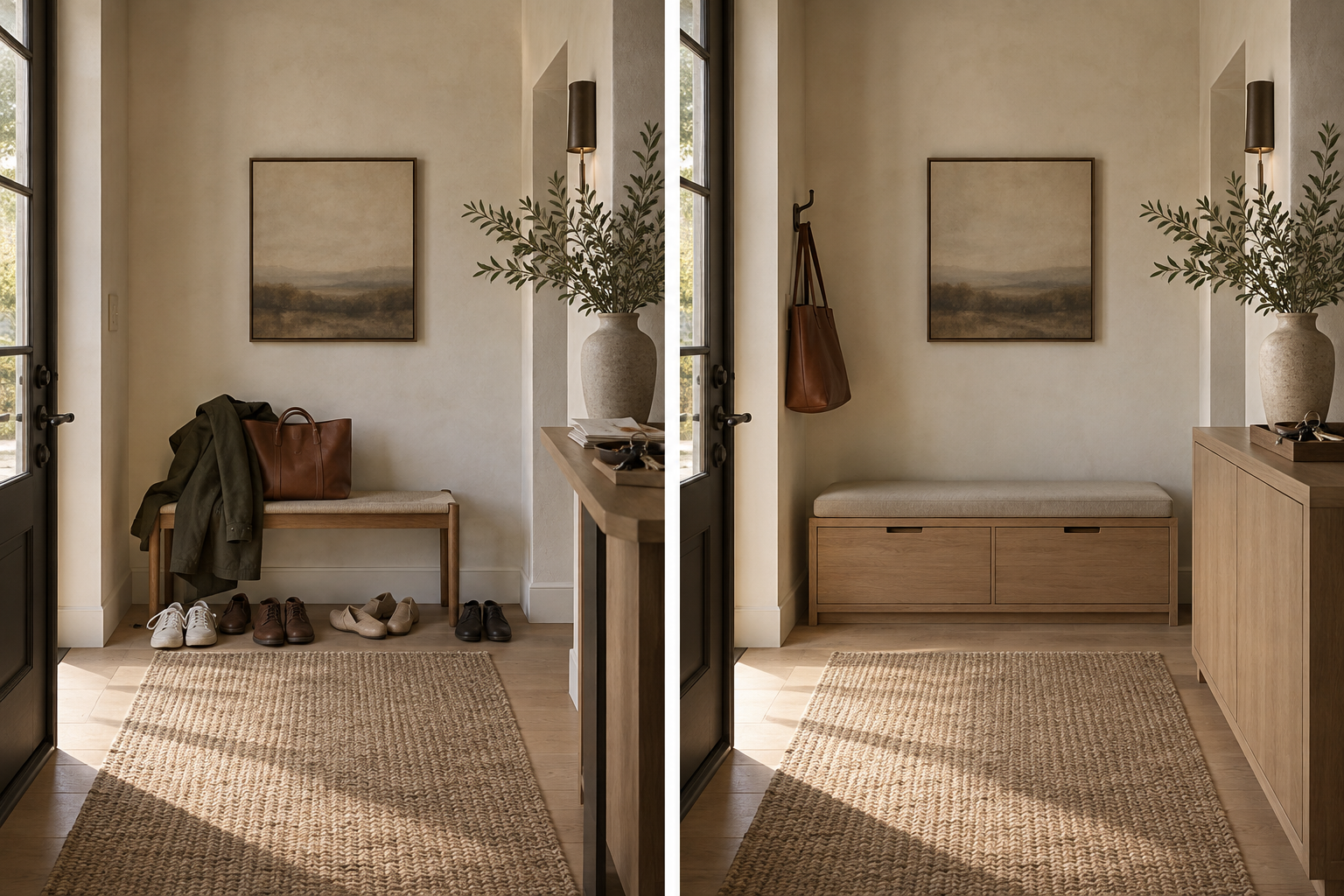 Illustrative comparison of the same entryway: everyday belongings left out, then organized with oak storage