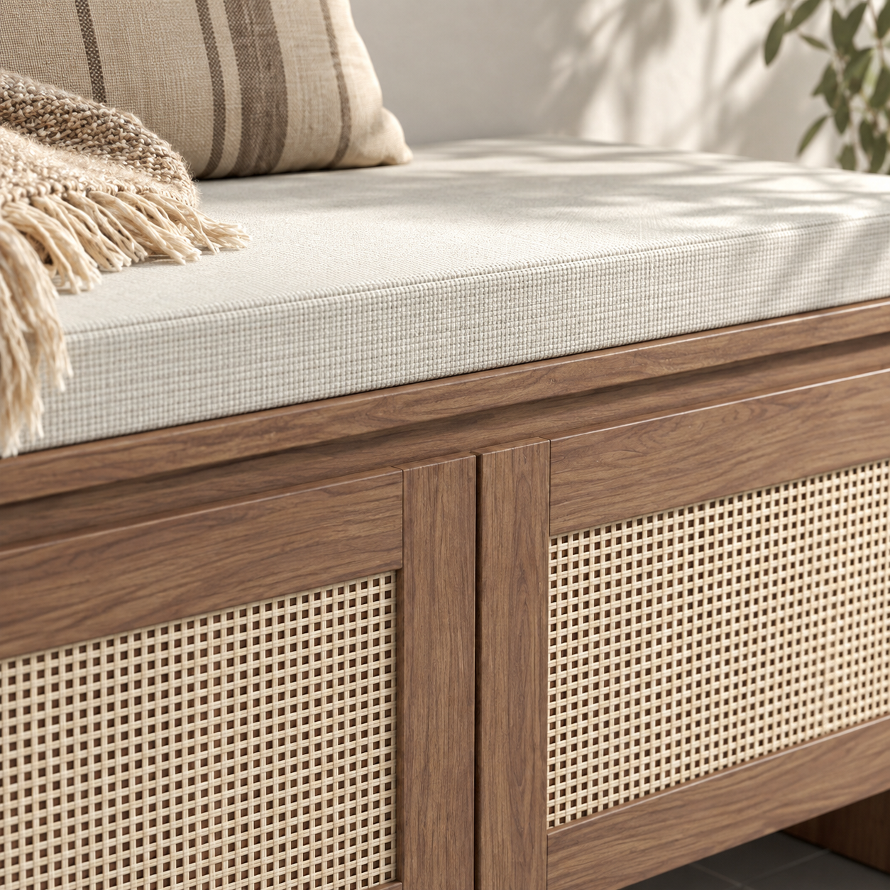 Woven-front storage bench — detail view