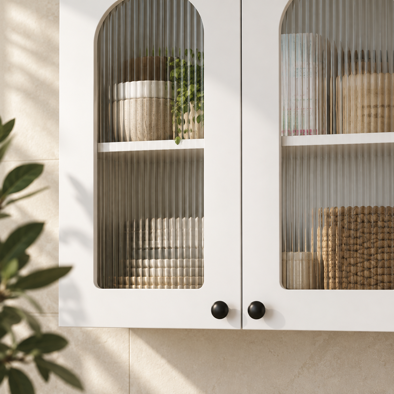 Arched glass wall cabinet — detail view