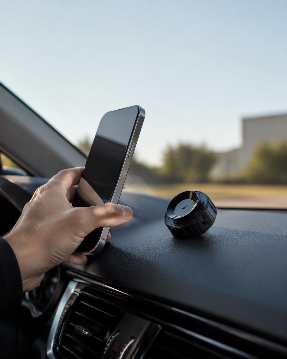 A hand bringing a phone toward Shortcut Grip in a parked car