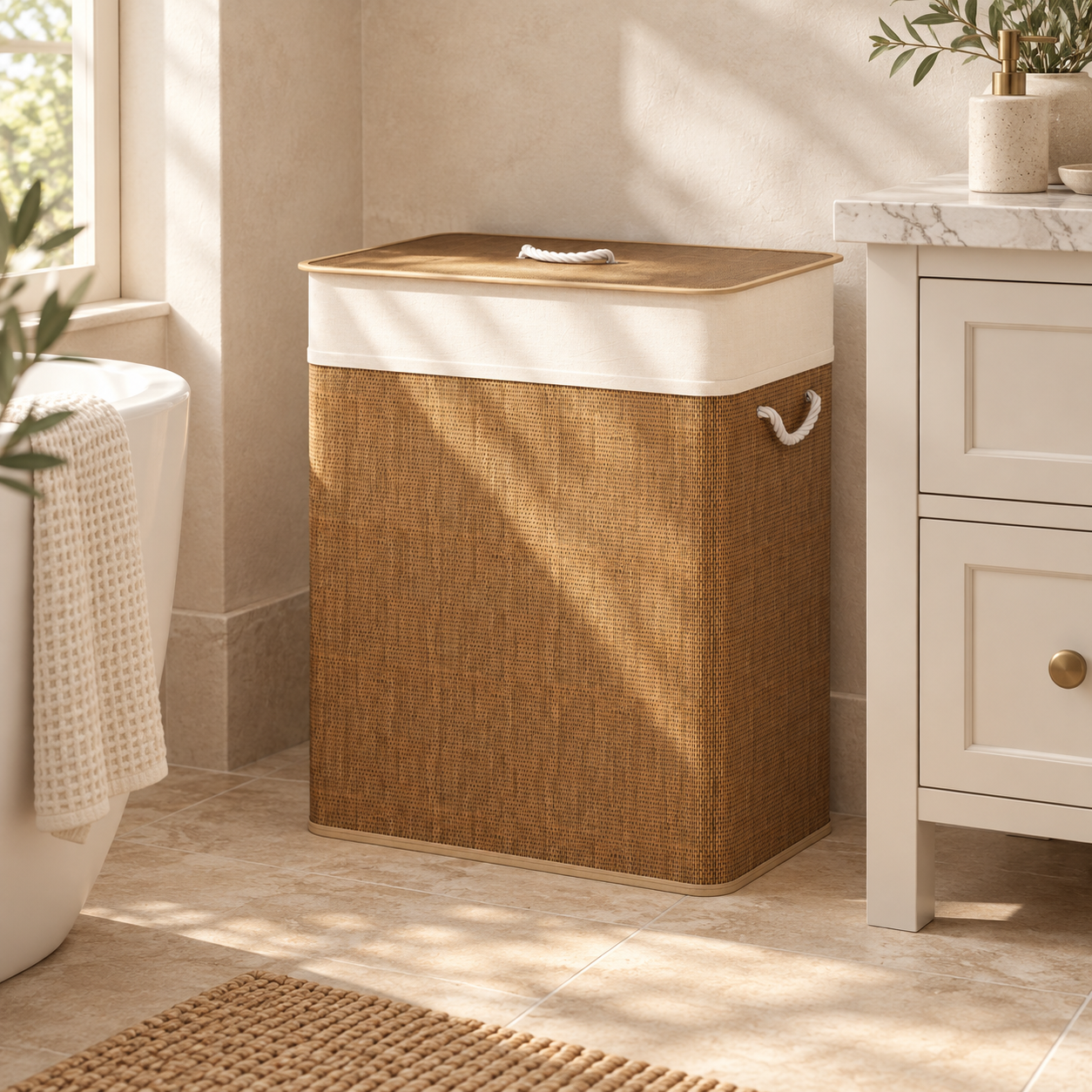 Bamboo double laundry hamper — lifestyle view