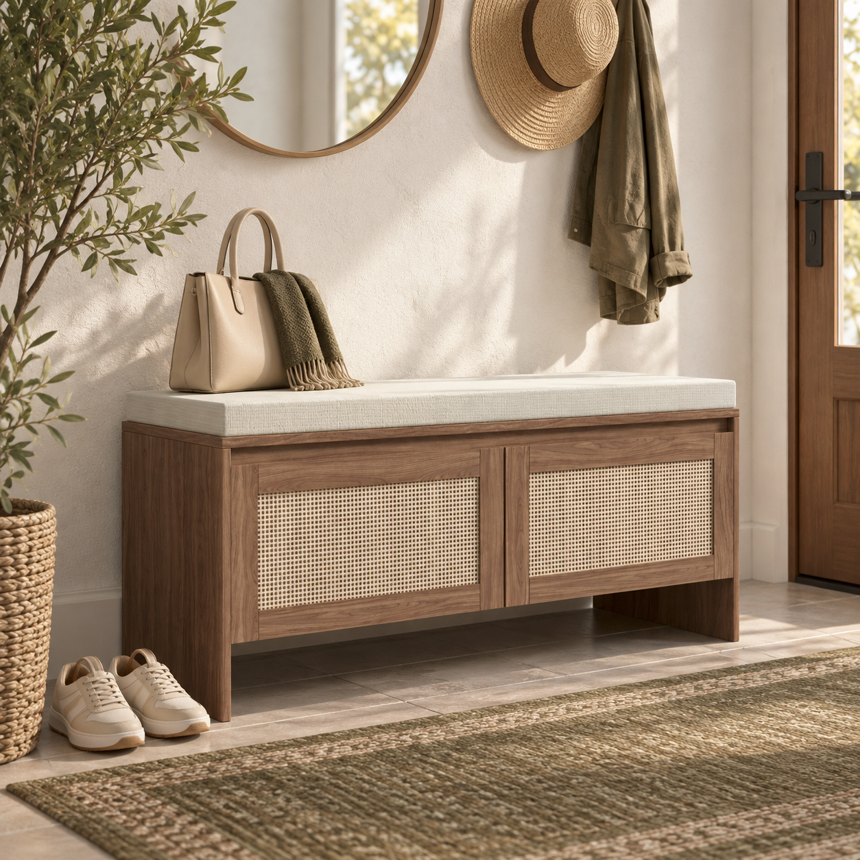 Woven-front storage bench — lifestyle view