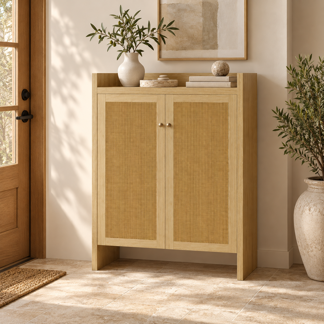 Natural woven-front shoe cabinet — lifestyle view